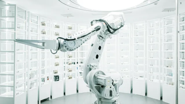 Brazo robótico blanco en exhibición, representación del comercio automatizado por agentes de inteligencia artificial