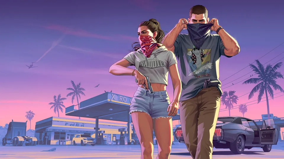 Escena de atraco con Jason y Lucia, arte promocional oficial de Grand Theft Auto VI
