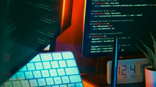Espacio de trabajo de un programador web en Guadalajara con código en pantalla y teclado iluminado