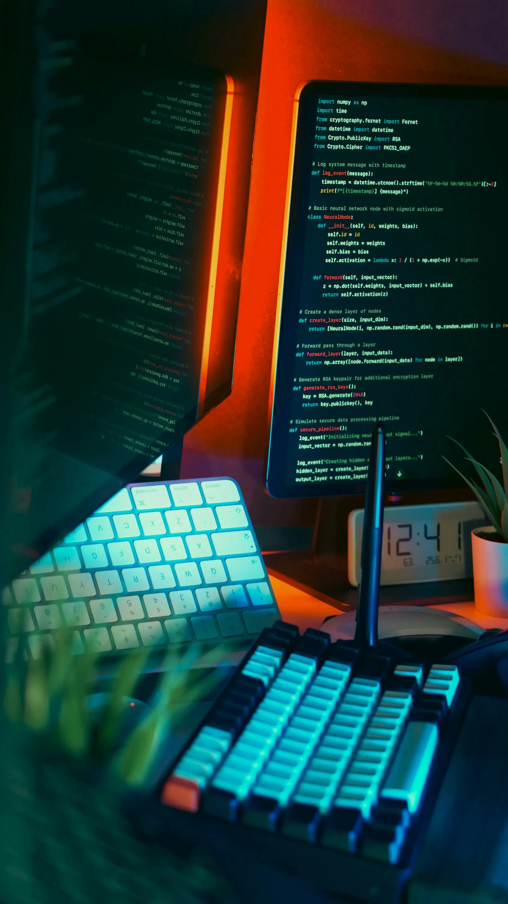 Espacio de trabajo de un programador web en Guadalajara con código en pantalla y teclado iluminado