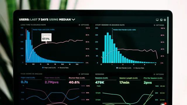 Laptop mostrando gráficas de rendimiento y velocidad de carga de un sitio web, clave para el SEO de un negocio en Guadalajara