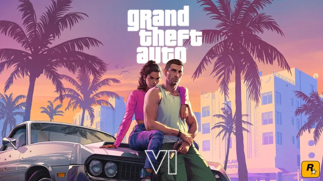 Arte promocional oficial de Grand Theft Auto VI con Jason y Lucia, material del kit de prensa de Rockstar Games