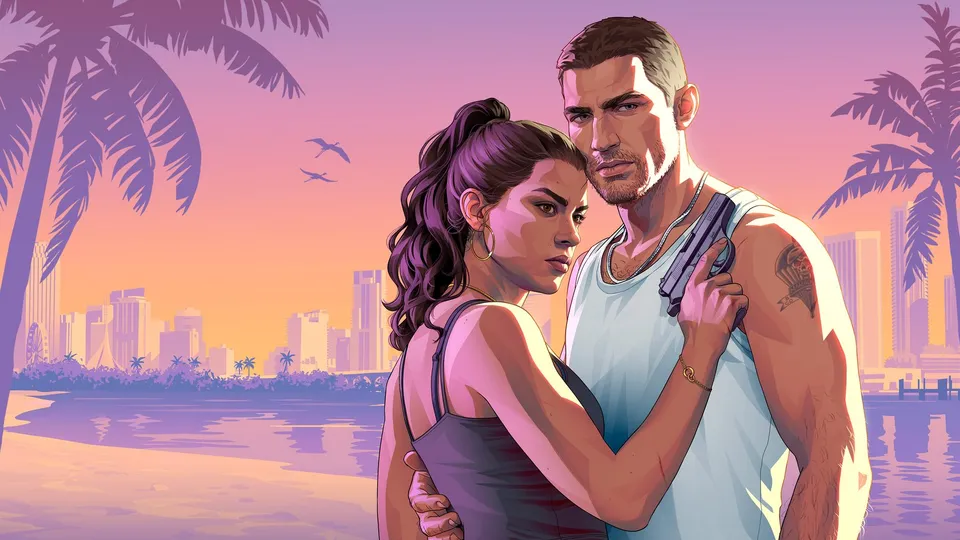 Jason y Lucia en la playa, arte promocional oficial de Grand Theft Auto VI